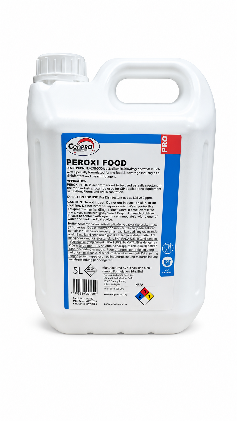 PEROXI FOOD 5 LITROS Limpador e Desinfetante, sem necessidade de enxágue. Produto a base de Peróxido de Higiênico para higienização de superfícies em geral.