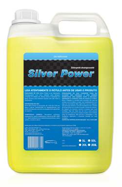 Silver Power é um detergente desengraxante com cera, utilizado para lavagem completa de latarias de veículos (leves e pesados) em geral. Fornece uma eficiente limpeza com alto brilho e rendimento.